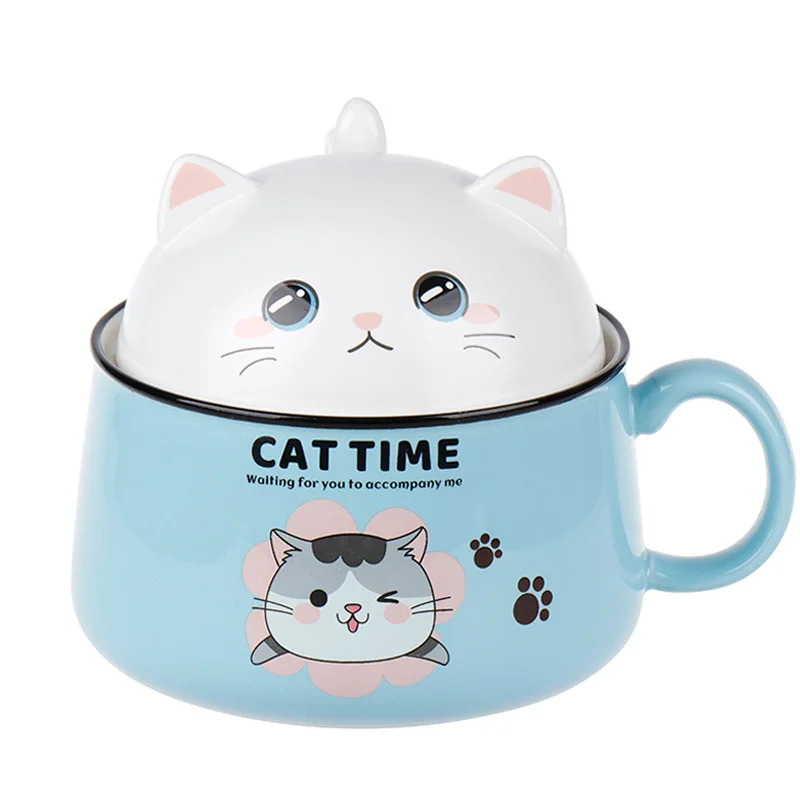 

Creativity High Capacity Cute Cat Ceramics Instant Noodle Bowl With Lid Spoon Dorm Room Student Office Super Large Bowl