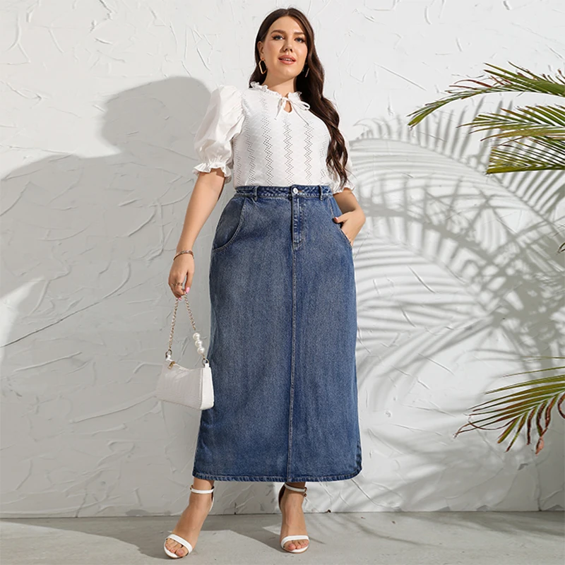 Solid Plus Size Denim Skirt Women High Waist Distressed Loose Casual 2022 New Full Length Wild Ball Gown Large Size Dress