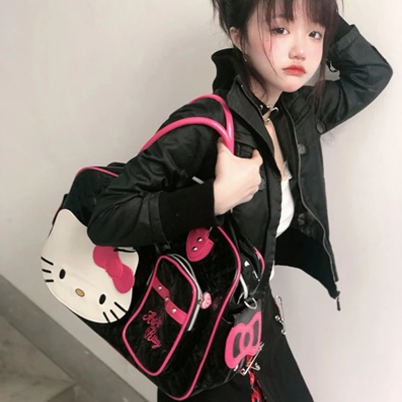 

Hello Kitty Handbag Kawaii PU Glossy Crossbody Travel Bag Sanrio Women's Short-distance Waterproof Handbag Clothes Luggage Bag