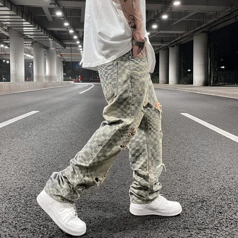 Fashion Plaid Denim Jeans Mens Destoryed Holes Zipper Jeans Pants Hip Hop Streetwear New Summer Casual Joggers Men Jeans Pants