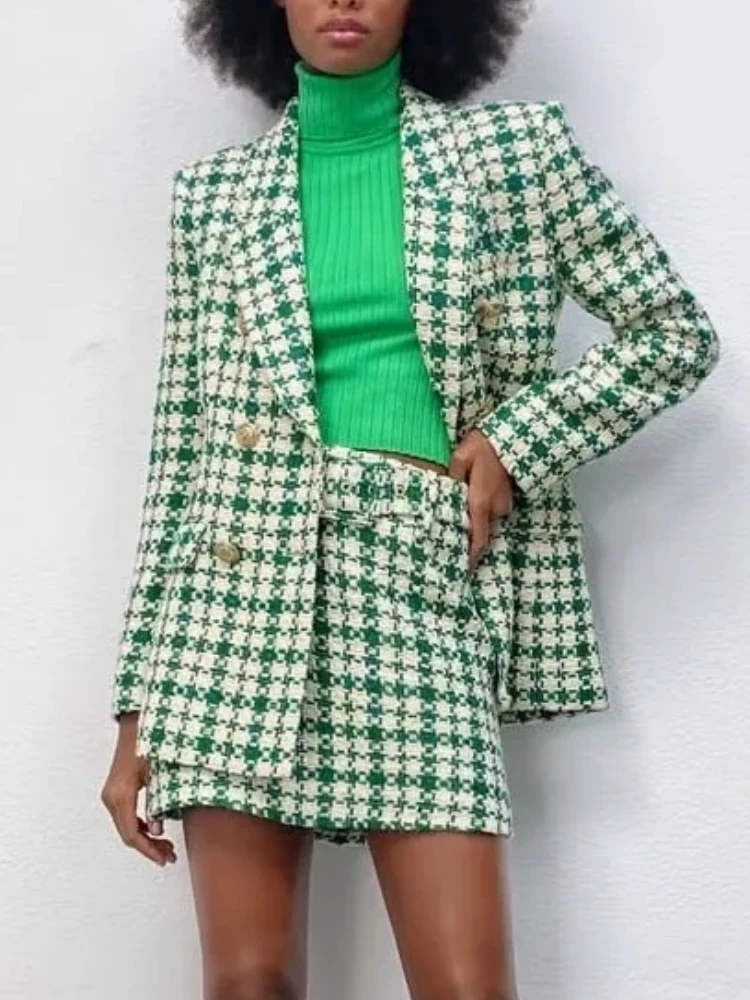 

XEASY 2022 New Women Plaid Two Pieces Sets Casual Blazer Mini Skirts Suit Fashion Elegant Female 2pcs Set Office Lady Slim Chic