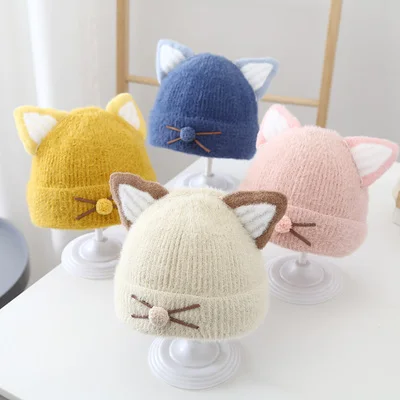 

Baby Winter Hat Fall Fashion Fluffy Cat Ears Knit Beanie Hat Soft Warm Cute Kawaii Brim Folds Gorros Bastet Children 5-36 Months