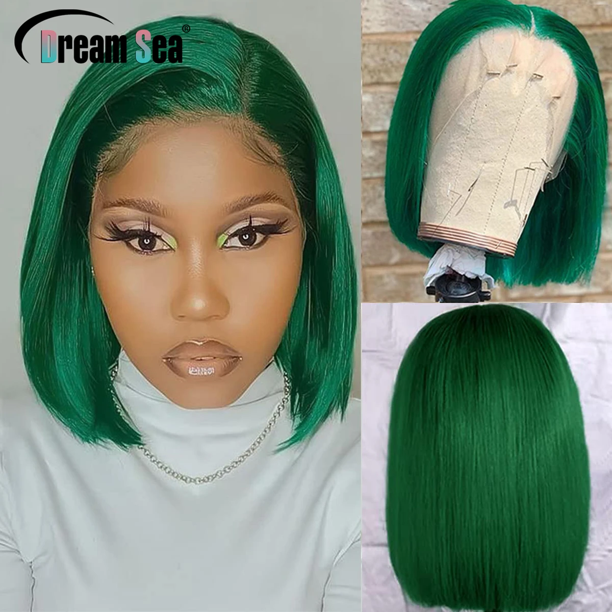 Green Short Bob Human Hair Wig 13x4 Lace Frontal Green Wig Glueless Brazilian Remy Hair Transparent Lace Pre Plucked For Women