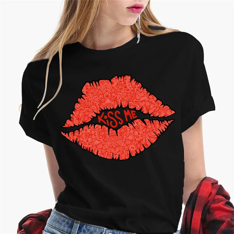 

Women Graphic Lovely Fashion Short Sleeve Summer Cartoon Lips Print Female Tops Tees Tshirts Vintage Clothes T-Shirt