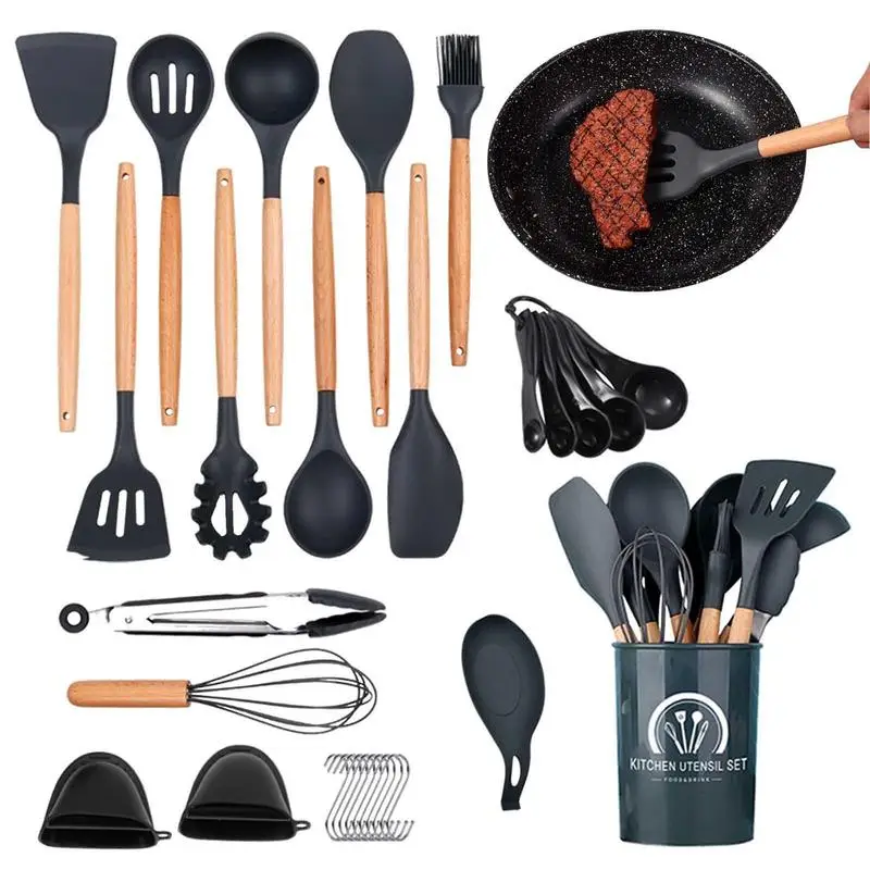 

Silicone Kitchenware Cooking Utensils Wooden Handle Heat Resistance Silicone Kitchen Gadgets Heat Resistant Non-stick Kitchen