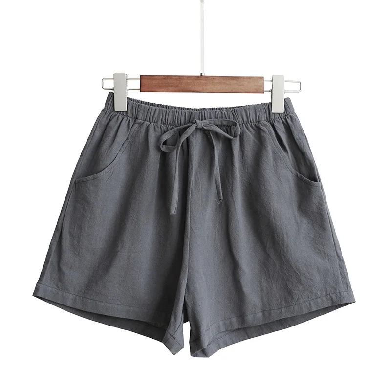 Girl's Summer Casual Hot Shorts Women Elastic Cotton Linen High Waist Breathable Solid Color Wide Leg Short Pants Leisure Bottom