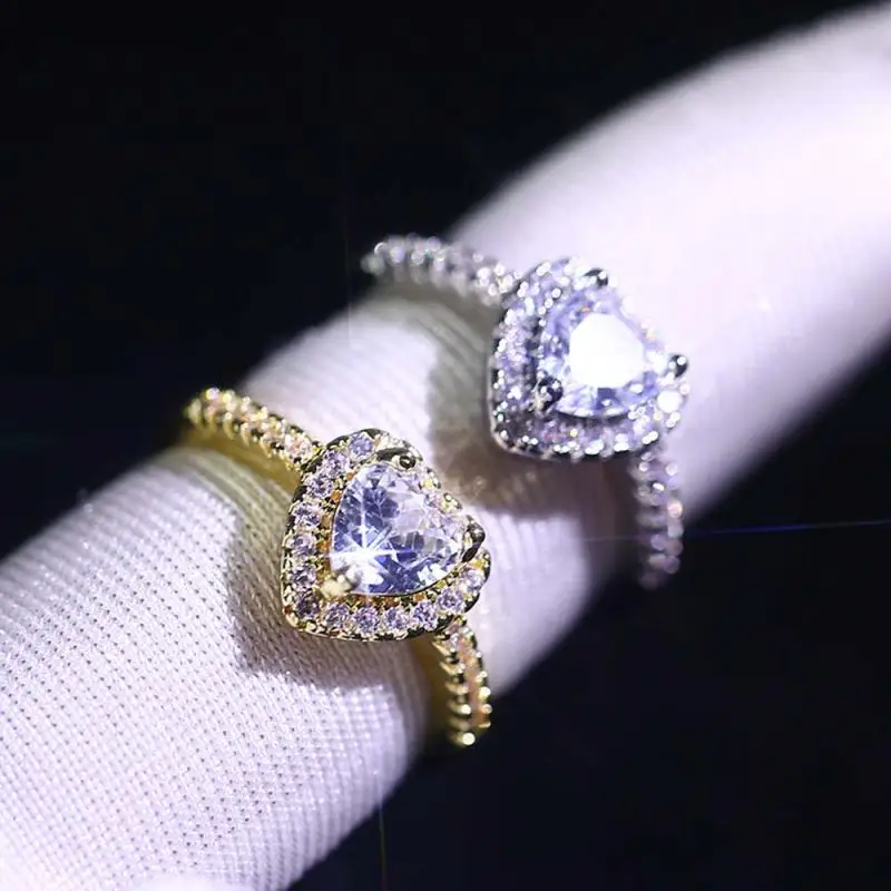 

New Exquisite Creative Sparkling Heart Shaped White Zircon Open Ring Bohemia Bride Wedding Ring Fashion Jewelry for Women Gifts