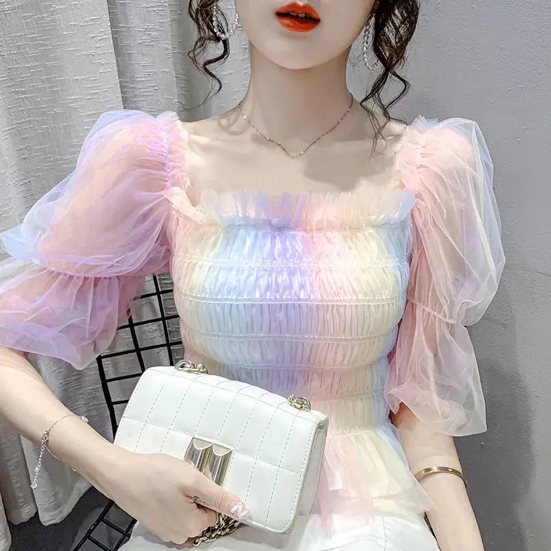 

Women 2022 Summer Chiffon Blouses Puff Short Sleeve Fashion Female Slim Square Collar All-match Feminino Tops Chic Shirt B18