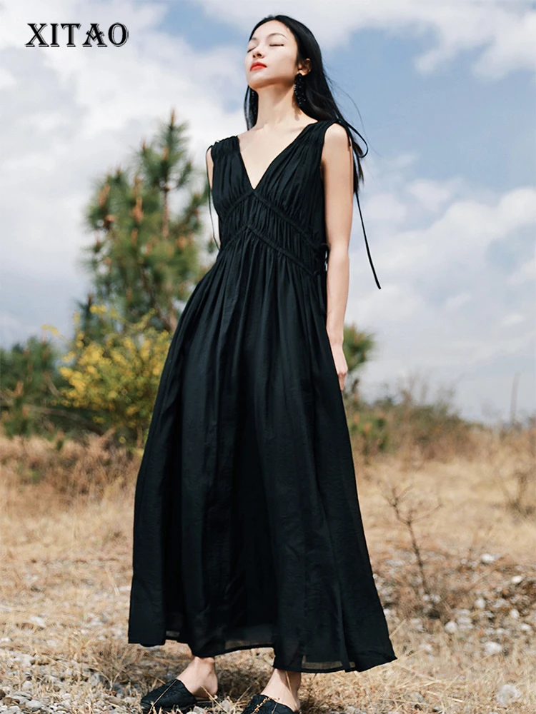 

XITAO Solid Pleated Dress Women Korea 2022 Summer New Arrival Personality Fashion Loose V-neck Short Sleeve Dress WMD6458