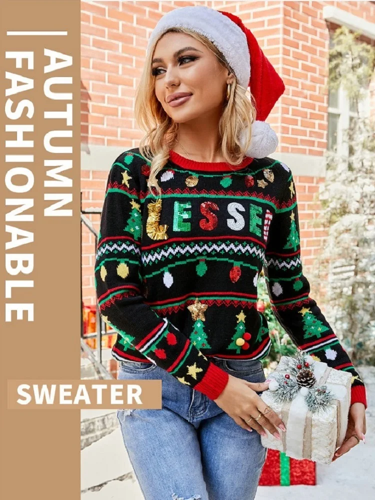

Women New Winter European American Cute O-Neck Embroidery Sequin Long Sleeve Loose Pullover Stripe Christmas Tree Knitted Sweate