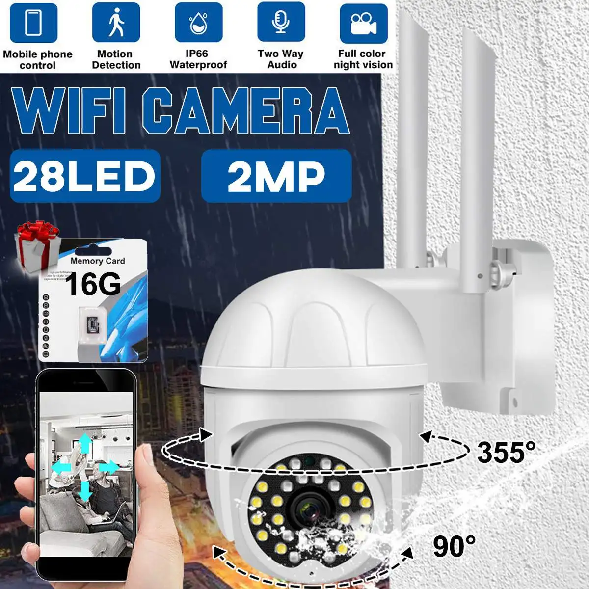 

IP-Камера уличная с Wi-Fi, 2 МП, поворот на 360 градусов