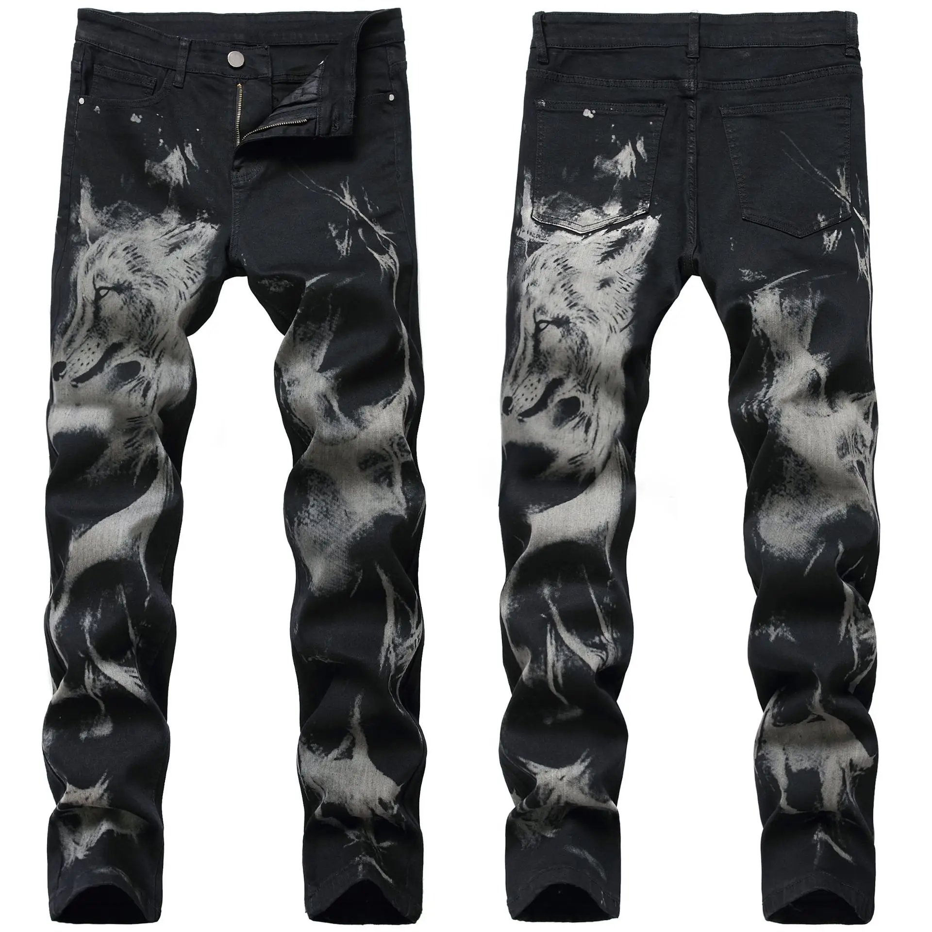Fashion Print Skinny Jeans Men Black Stretch Hip Hop Streetwear Pants Mens Designer Clothes High Street Denim Trousers