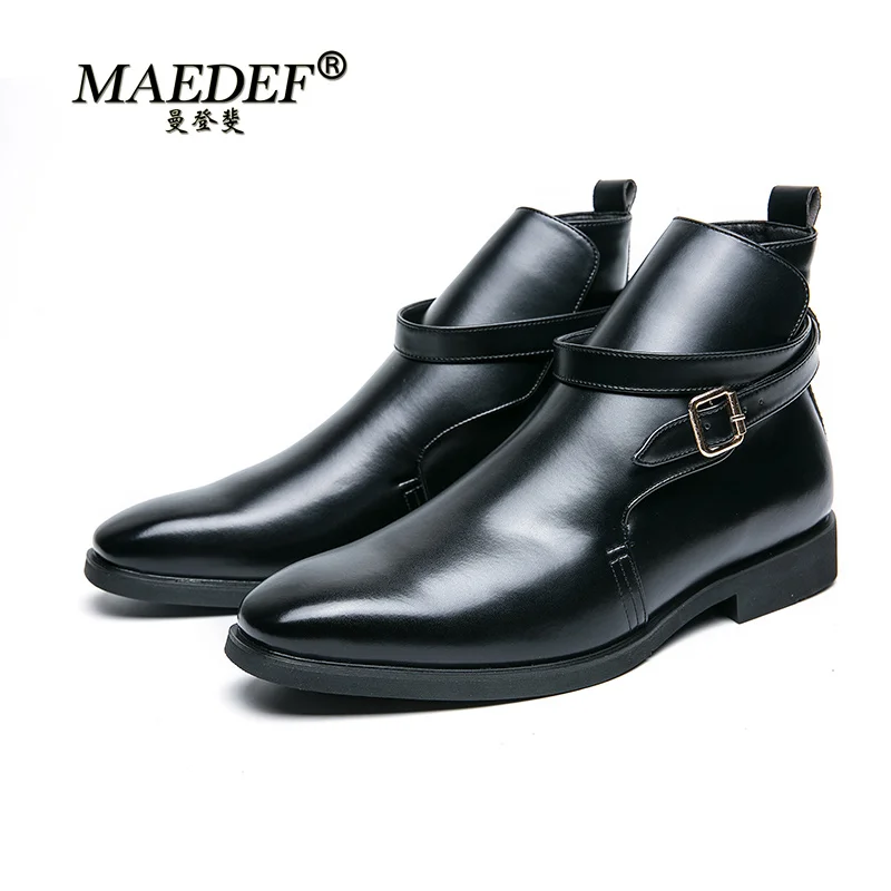 

MAEDEF New Mens Leather Boots British Style Ankle Boots Men Business Shoes Buckle Non Slip Mens Boots Plus Size 48