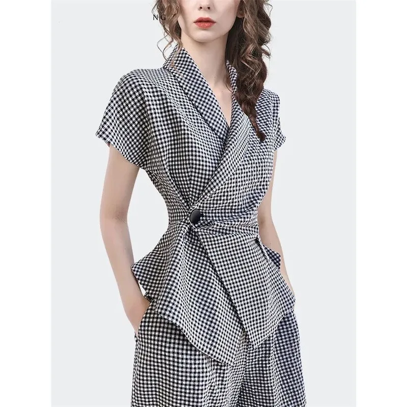 Checkered Panel Side Button Short Sleeved Jacket Blazer Casual Wide Leg Pants Two-piece Elegant Women's Pants Set Summer Office