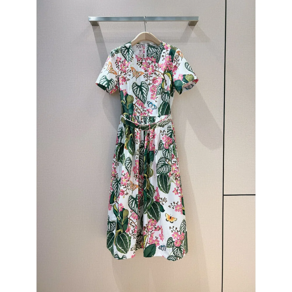 Top Quality Spring Summer Floral Printing Short Sleeve A-line Midi Dress with Belt for Holiday 2023 New