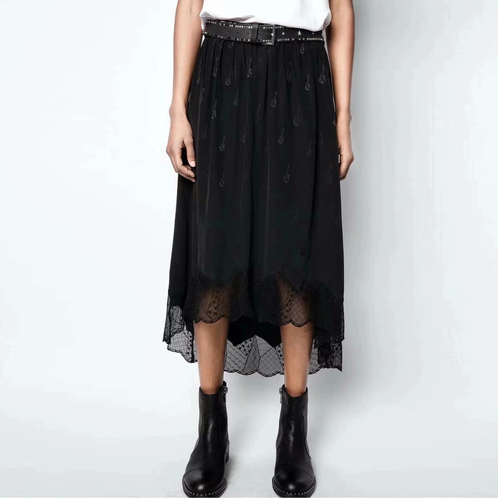 

100% шелковая жаккардовая Женская юбка, повседневная женская юбка средней длины с кружевом