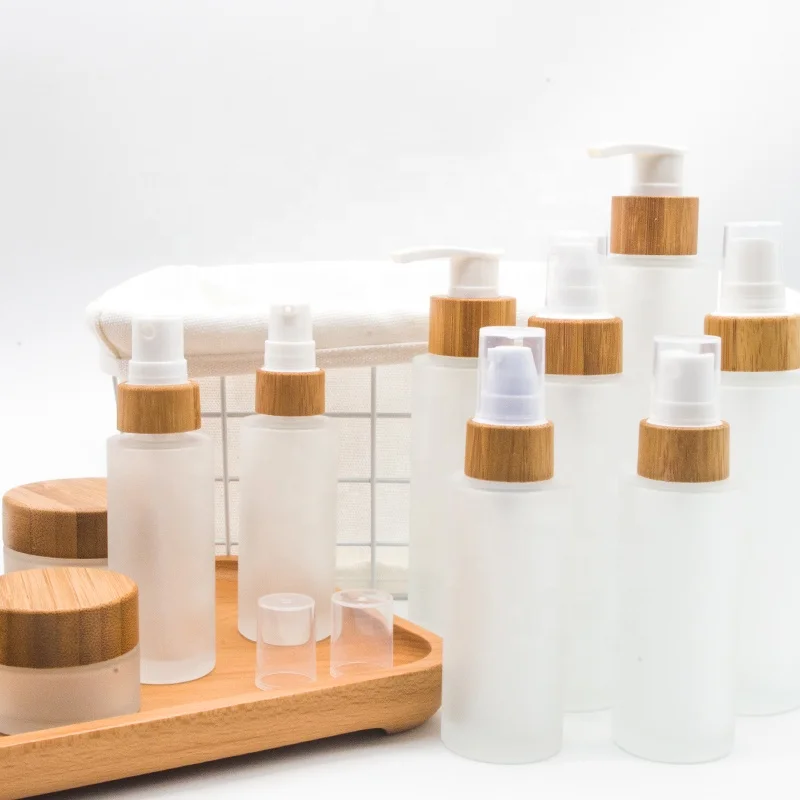 

30ml 50ml 100ml 120ml 150ml Frosted Glass Cream Spray Lotion Bottle with Natural Bamboo Cap Cosmetic perfume Vial Dispenser Pump