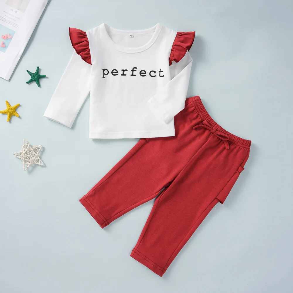 

Newborn Baby Girl Clothes Toddler Casual Outfits Infant Cotton Letter Print Ruffle Tops + Solid Pants 2 PCS Children's Clothing