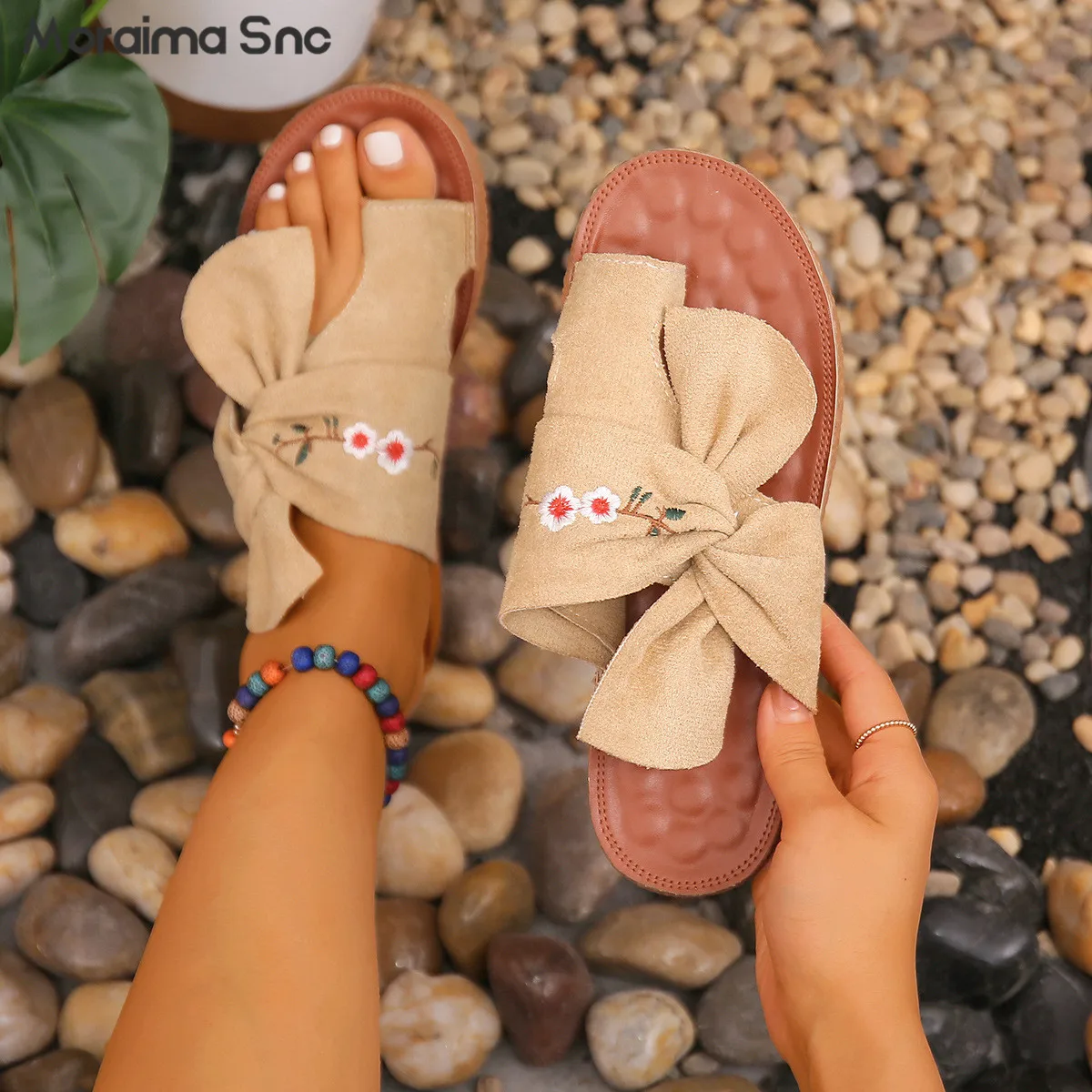 Bowknot Flower Embroidered Slip-On Slippers Summer New Round Toe Flat Bottom Large Size Women's Shoes Fashion Beach Sandals