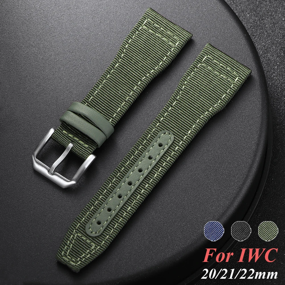 Фото Нейлоновый холщовый ремешок для часов 20 мм, 21 мм, 22 мм для IWC Pilot, женский и мужской кожаный ремень на запястье, черный армейско-зеленый синий браслет из воловьей кожи №1