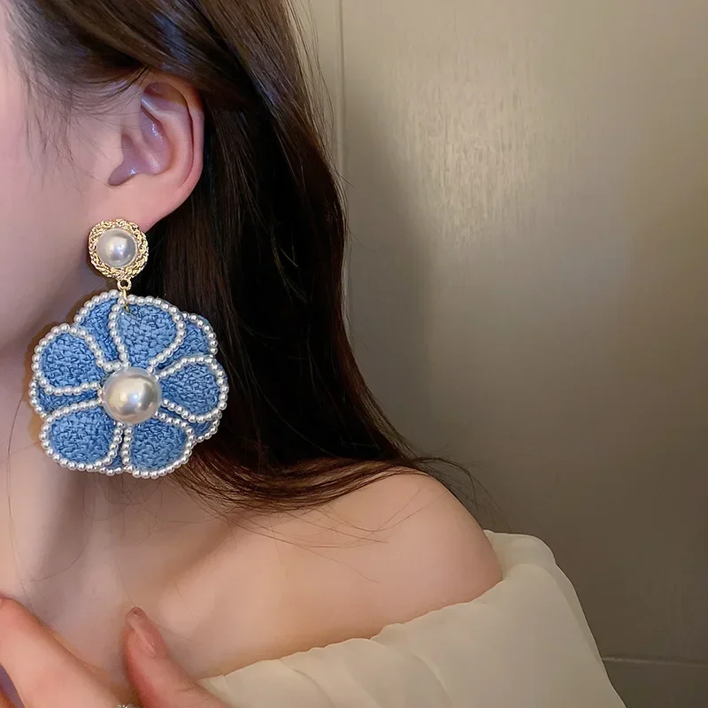 Женские серьги с жемчугом и голубой розой уникальные новинка 2023 модные джинсовые
