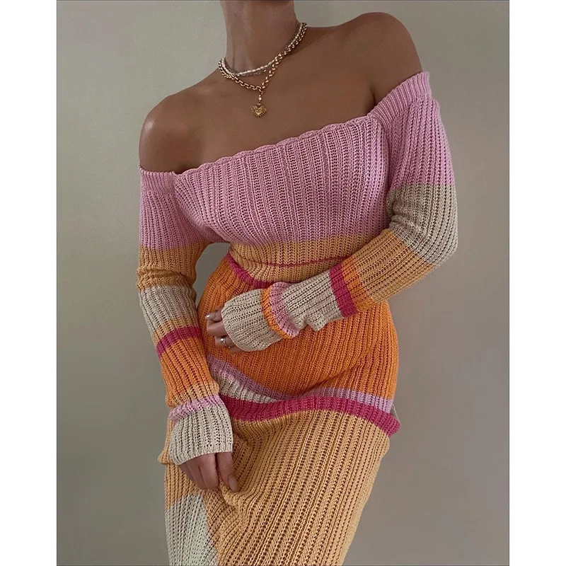 

Женское трикотажное платье макси с открытыми плечами, длинным рукавом и открытыми плечами