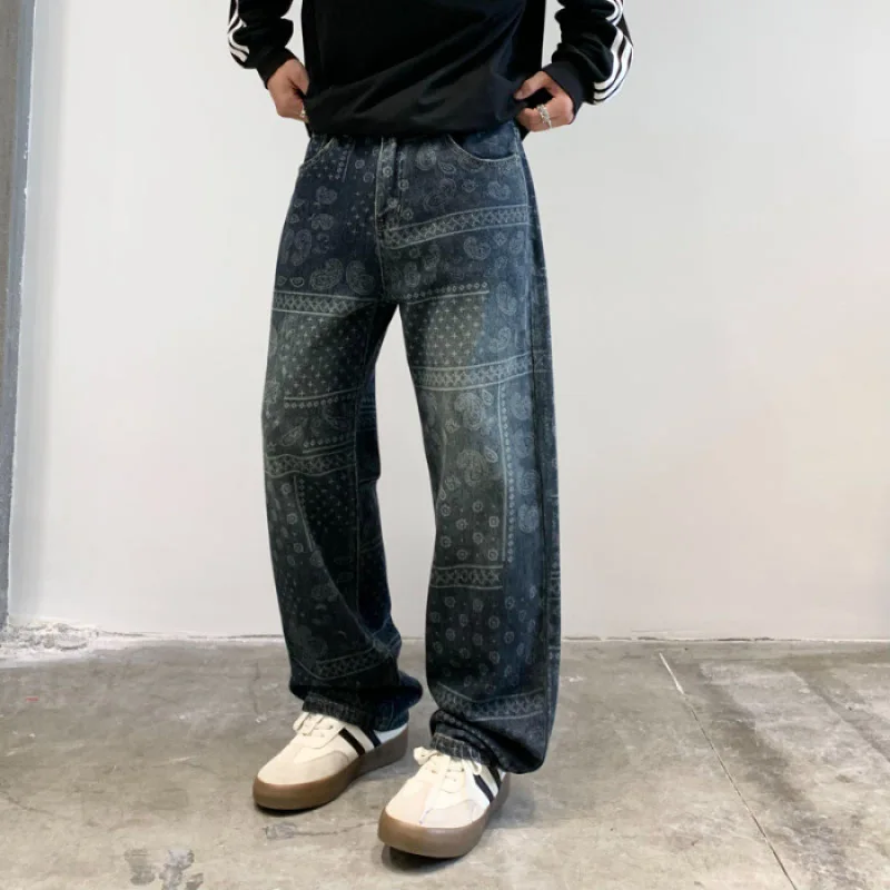 Джинсы с принтом пейсли мужские свободные прямые брюки 2024 осенняя уличная мода в