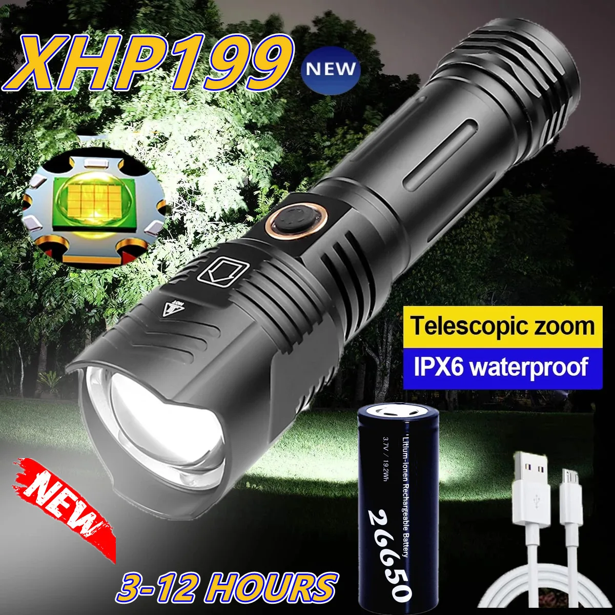 

2021Newest XHP199 LED Flashlight Zoom Torch USB Rechargeable Most Powerful xhp50 Torch by 18650 Lantern Portable Handheld Light