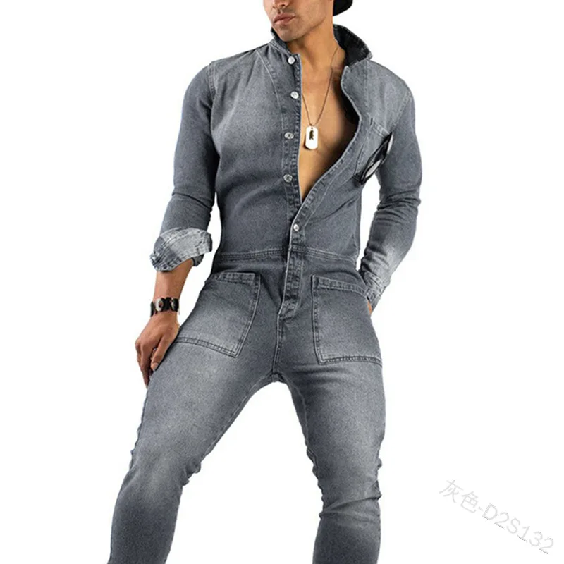 New Casual Denim Jumpsuit for Men Fashion  Workwear Mens Denim Clothing Slim Jumpsuit Men