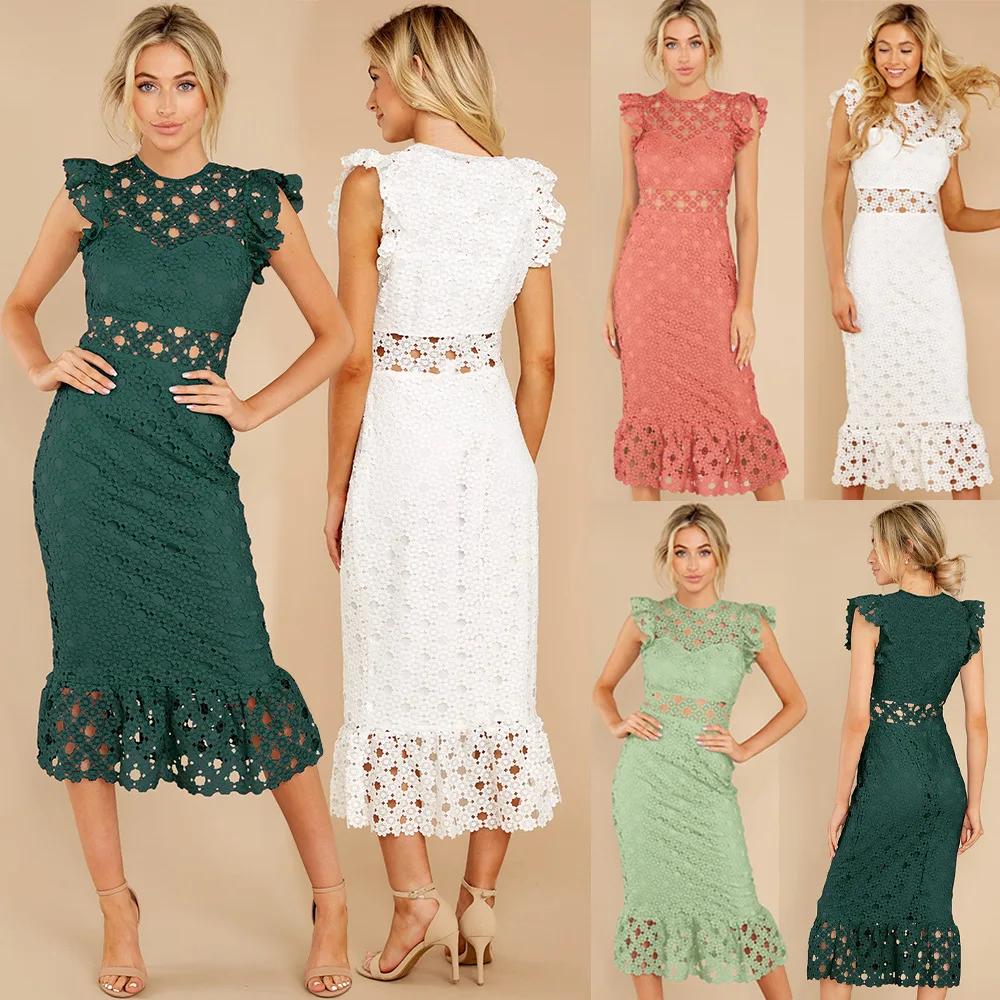 

2022 Runway Party Dress Luxury Women O Neck Mesh Dot Flower Fashion Summer Embroidery Striped Flare Sleeve Midi Dress