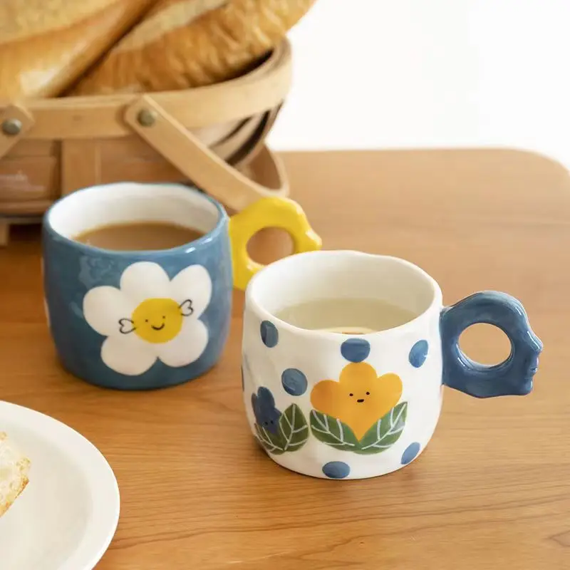 

Ceramic Cups INS High-value Flowers Mugs Creative Handles Coffee Cups Oatmeal Breakfast Cups Couples