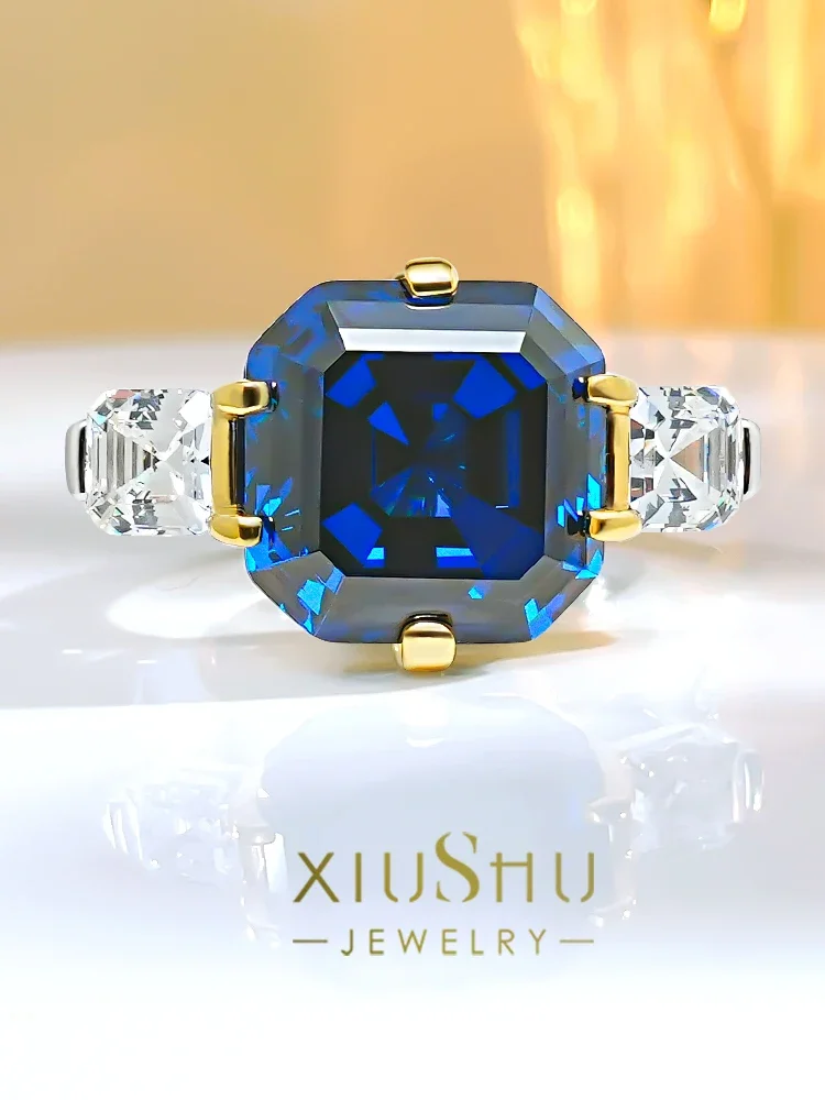 

Кольцо из серебра 925 пробы с искусственным голубым сокровищам, инкрустированное высокоуглеродистыми бриллиантами, элегантный дизайн, универсальное