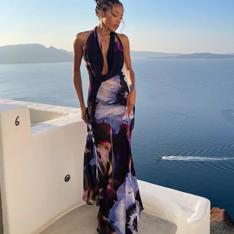 

2023 Summer Beach Outfits Elegant Sleeveless Club Party Dress Backless Maxi Dress Women Sexy Purple Print Halter Bodycon Dress