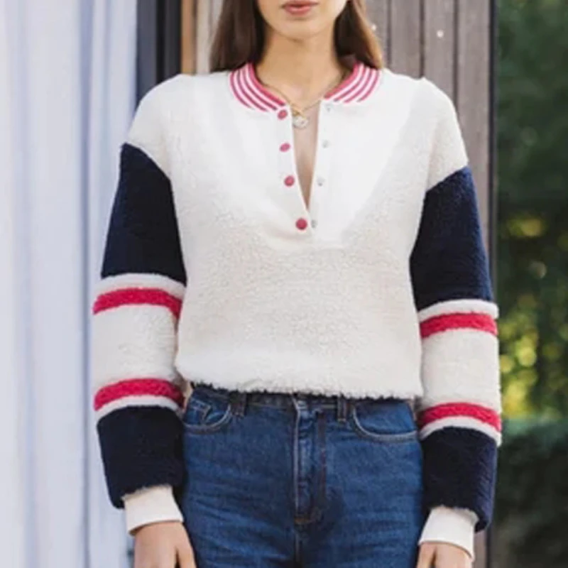 Ladies Color Blocking Striped Loose Sweatshirt Autumn Women's O-neck Half Button Lamb Wool Sweater Fashion Female Pullover
