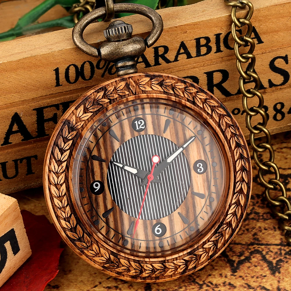New Pocket Watch with Chain Ebony Wood Gifts for Men Women Vintage Black Wooden Quartz Pocket Watch Fob Clock Relógio De Bolso