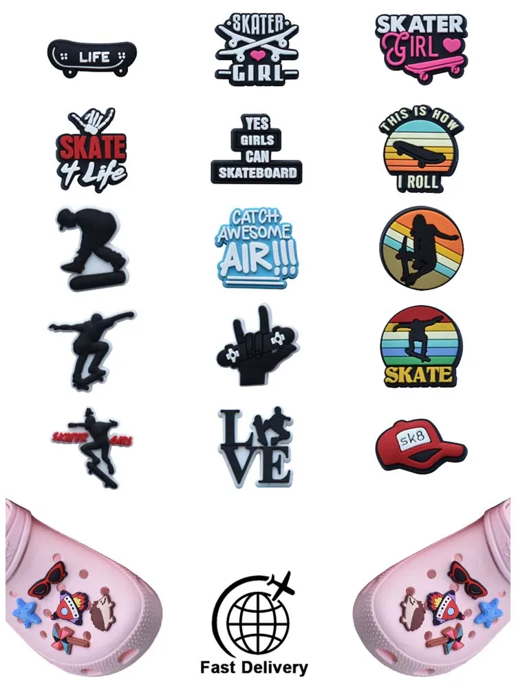 

1Pcs PVC Skater for Croc Charm DIY Shoes Accessories Badge Women Clogs Buckle Kids Pins Decoration Jeans Wristbands Wholesale