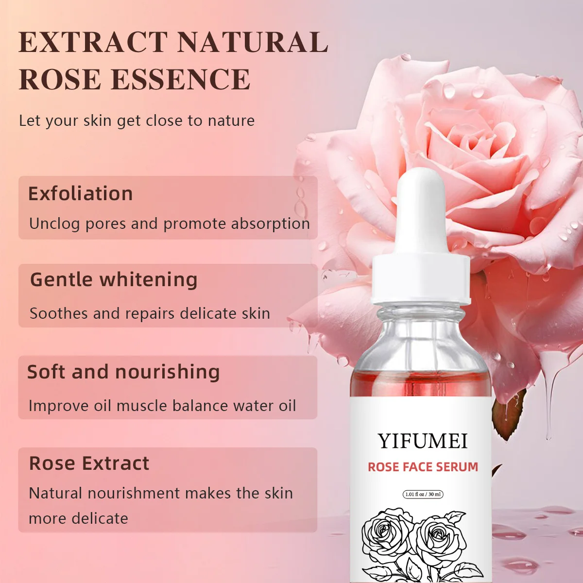 Фото Сыворотка с розой, натуральная осветляющая сыворотка с розовым сиянием, корректирующая коллагеновая увлажняющая, укрепляющая для ухода за лицом №4