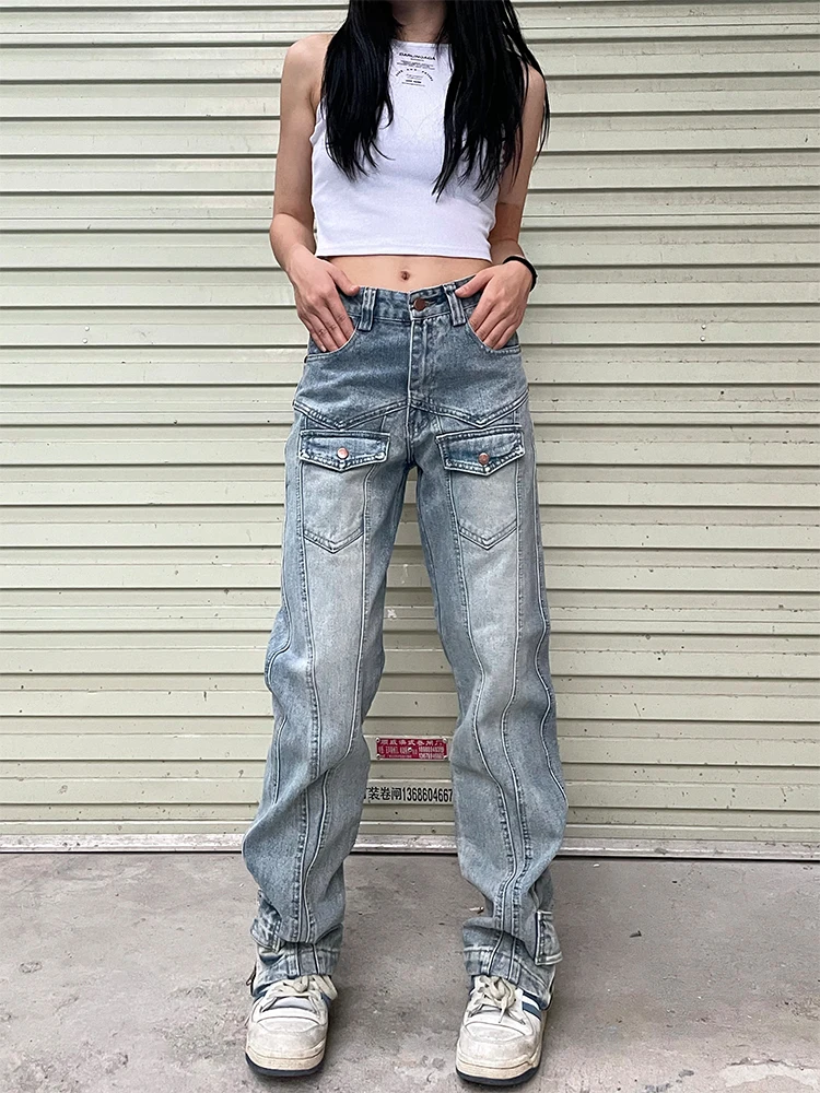 

Women Streetwear Casual Baggy Y2k Aesthetic Straight Denim Trouser High Waisted Jeans Loose Cargo Pants Goth Pocket Grunge Jeans