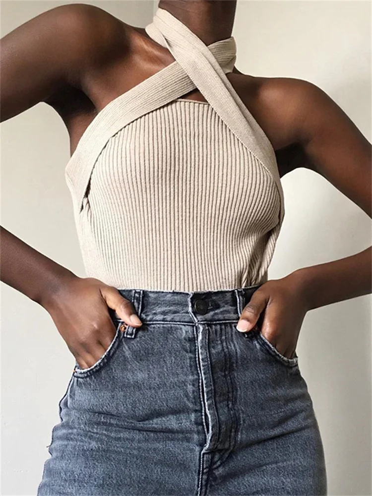

Fashion Elegant Sleeveless Sexy Women Sweater Halter Off Shoulder Slim Knitted Tops Female Fashion Summer 2022 Clothes Knit Top