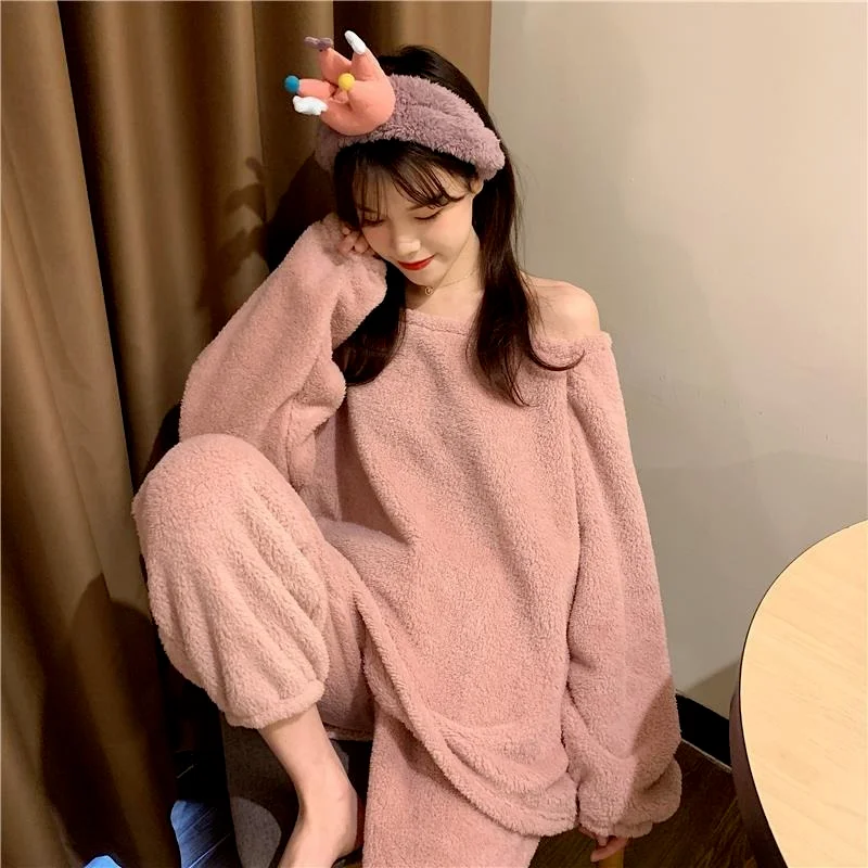 QWEEK Pajamas for Women Solid Color Flannel Home Clothes Pink Yellow Green Pijamas Winter Nightwear Korean Fashion Pyjamas Cute
