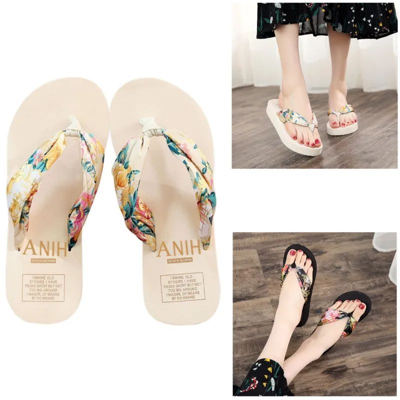 

2022 Summer Floral Printing Slippers Women Bohemian Satin Strap Platform Wedge Flip Flops Outdoor Thick Bottom Beach Shoes