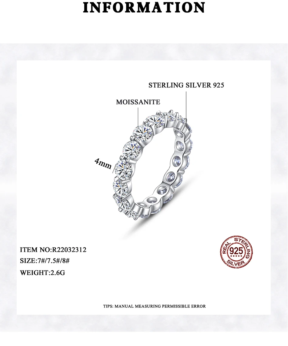 

4mm Round D Moissanite Wedding Band Rings for Women 925 Sterling Silver Stackable Stylish Engagement Anniversary Matching Ring