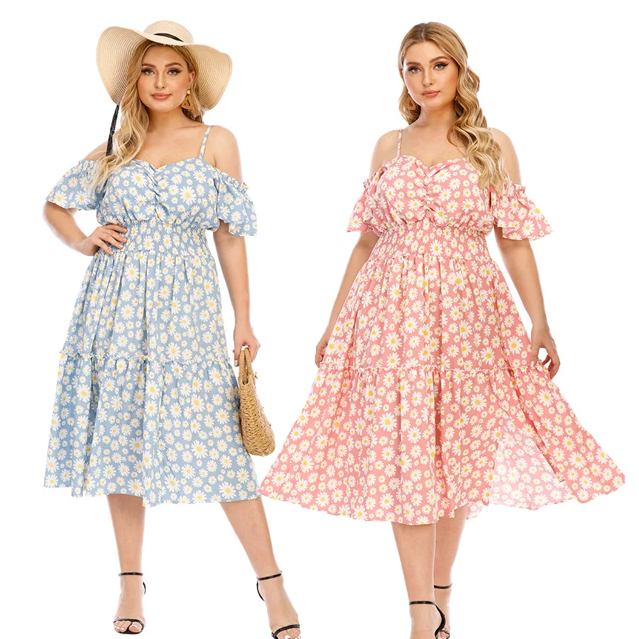 Summer New Pattern Suspender Dress Sexy Off-the-shoulder Waist Extra Large Dress Free Size Women's Dress