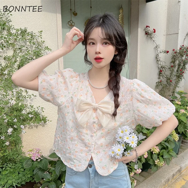 

Floral Puff Sleeve Shirts Women Vintage Summer Tops Elegant Sweet Females Harajuku Fashion Korean Retro Clothes Casual Chic New
