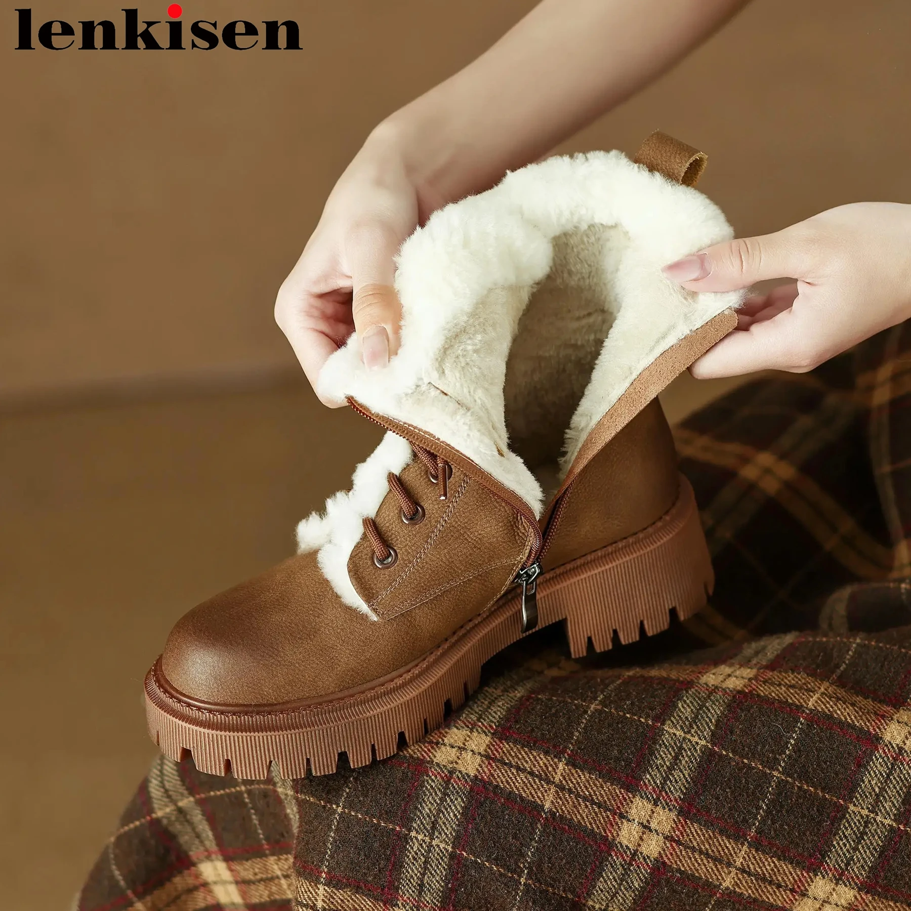

Теплые зимние ботинки Lenkisen из натуральной кожи с плюшевым круглым носком на среднем каблуке, лаконичные водонепроницаемые Брендовые ботильоны на молнии с перекрестной шнуровкой