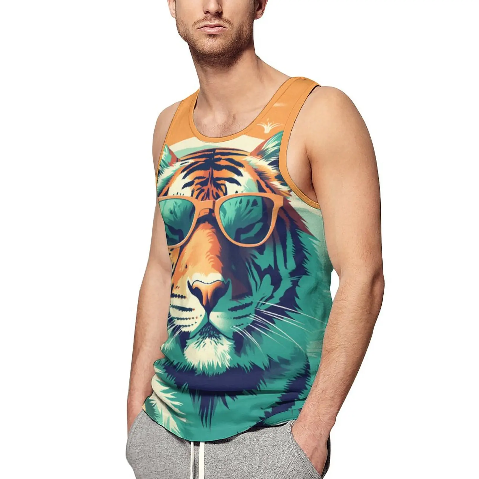 

Tiger Beach Tank Top Graphic Illustration Sunglasses Training Tops Male Design Sportswear Sleeveless Vests Large Size 4XL 5XL