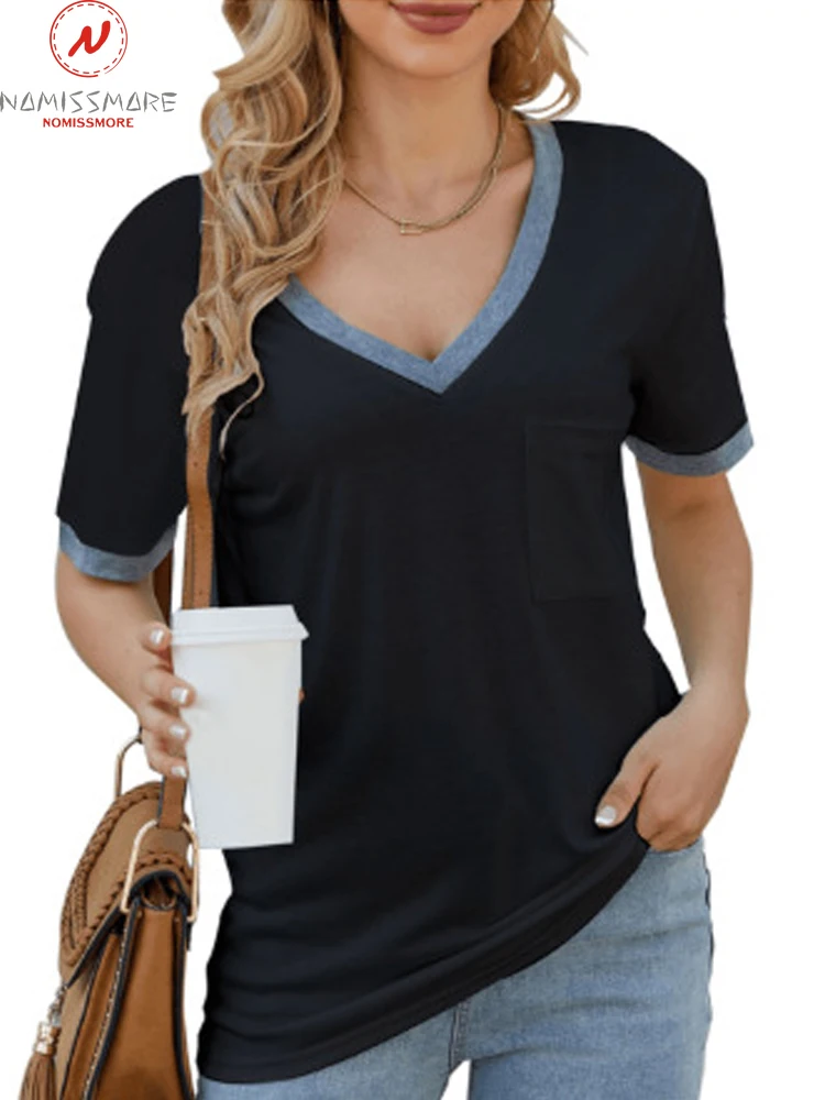 Женская свободная футболка с V-образным вырезом и коротким рукавом |