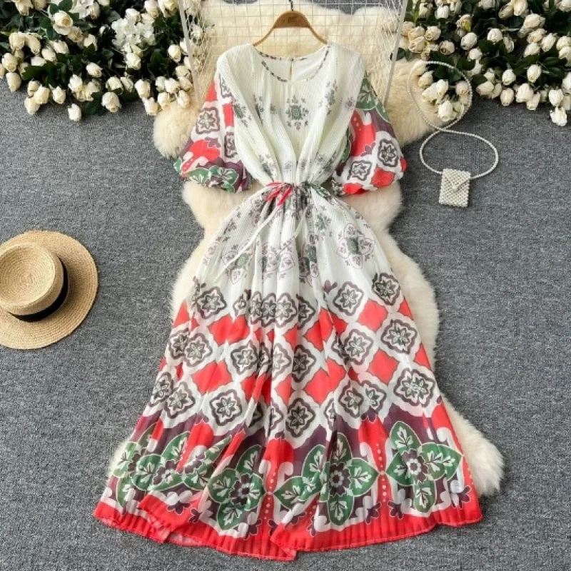 Модный европейский и американский стиль рукав-фонарик круглый вырез принт