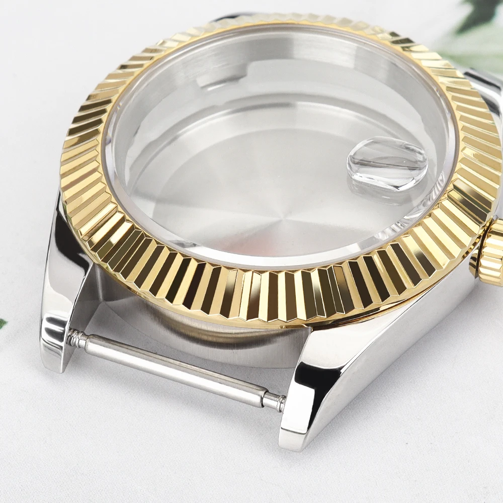 Фото Корпус для часов Diver 36 мм/39 мм, золотистое PVD-покрытие, рифленый изогнутый безель, сапфировое стекло, для SK DJ NH35 NH34 NH36 NH38 Miyota8215 NH35, аксессуары для часов. №4