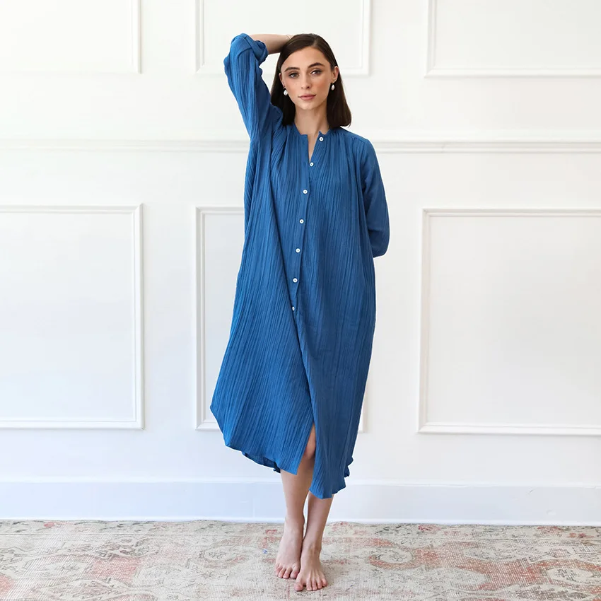 

Хлопковая женская осенняя ночная рубашка, свободная однобортная женская ночная рубашка с рукавом три четверти, удобная ночная рубашка для женщин